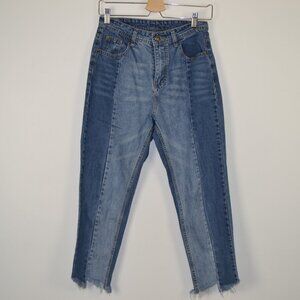 HUA FENG Fray Hem & Pockets Womens 5 High Rise Ankle Two Tone Blue Denim Jeans